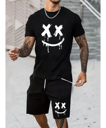Erkek Kısa Kollu Bisiklet Yaka Baskılı Bluz Ipli Short Iki Iplik Takım