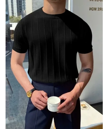 Erkek Kısa Kollu Bisiklet Yaka çizgili Triko Bluz