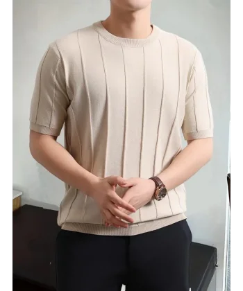 Erkek Kısa Kollu Bisiklet Yaka çizgili Triko Bluz