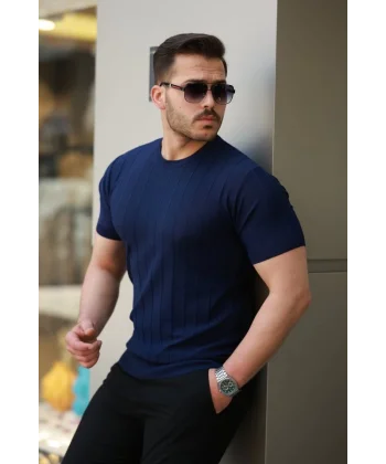 Erkek Kısa Kollu Bisiklet Yaka çizgili Triko Tişört