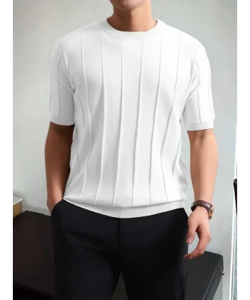 Erkek Kısa Kollu Bisiklet Yaka çizgili Triko Tshirt