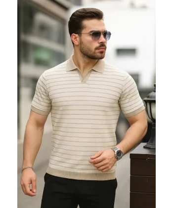 Erkek Kısa Kollu çizgi Desenli örme Kumaş Tshirt