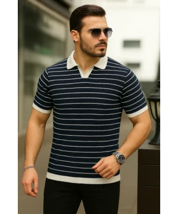 Erkek Kısa Kollu çizgi Desenli örme Kumaş Tshirt