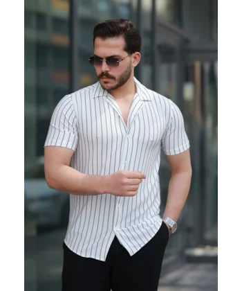 Erkek Kısa Kollu Gri çizgi Desenli örme Kumaş Pamuklu Gömlek