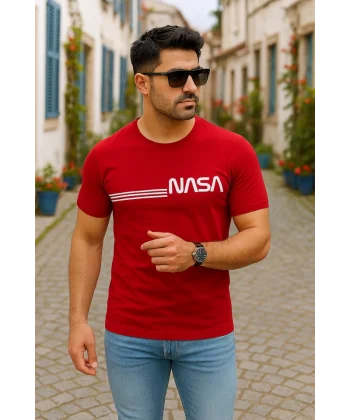 Erkek Kısa Kollu Nasa Baskı Basic Erkek T-shirt
