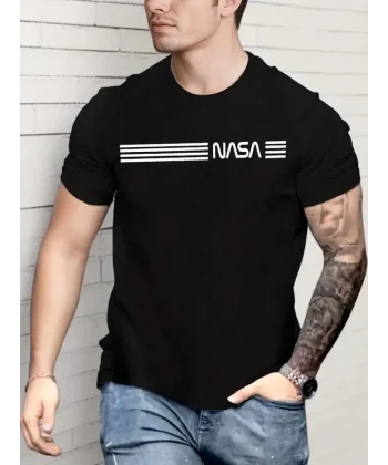 Erkek Kısa Kollu NASA Baskı Bisiklet Yaka T-shirt
