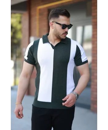 Erkek Kısa Kollu Polo Yakalı Blok Desenli Triko Bluz