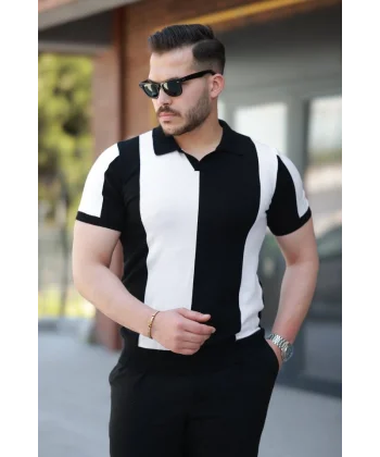 Erkek Kısa Kollu Polo Yakalı Blok Desenli Triko Bluz