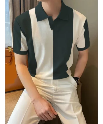 Erkek Kısa Kollu Polo Yakalı Blok Desenli Triko Bluz