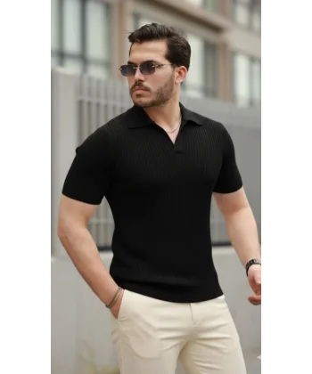 Erkek Kısa Kollu Yakalı çizgi Desenli Triko Bluz