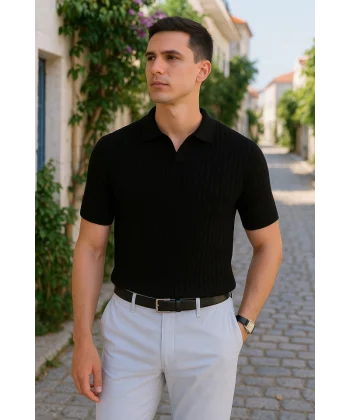 Erkek Kısa Kollu Yakalı çizgi Desenli Triko Bluz