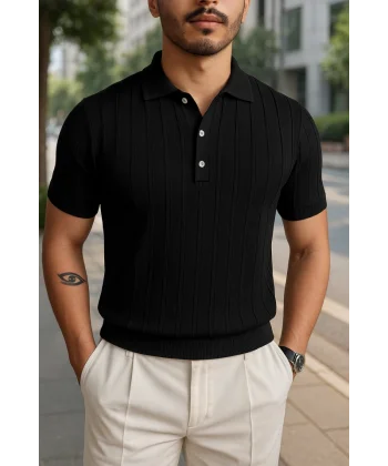 Erkek Kısa Kollu Yakalı önden Düğmeli Triko Bluz