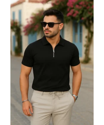 Erkek Kısa Kollu Yakalı önden Fermuarlı Viskon Iki Iplik Bluz