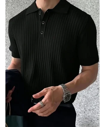 Erkek Kısa Kollu Yakalı Yakadan Düğmeli Triko Bluz