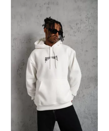 Erkek Kordon İpli Baskılı Kapüşonlu Sweatshirt - Beyaz