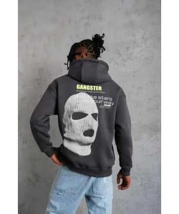Erkek Kordonlu Maske Baskılı Kapşonlu Sweat - Gri