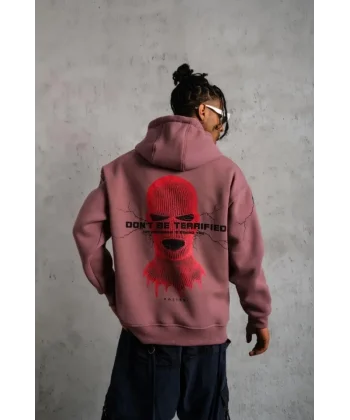 Erkek Maske Baskılı Kapüşonlu Sweat - Gül Kurusu