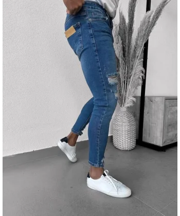 Erkek Mavi Yıkama Detaylı Skinny Jean