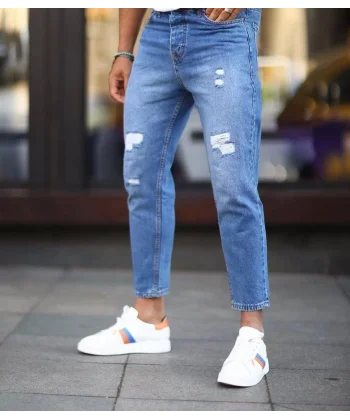 Erkek Mavi Yırtık Detaylı Boyfriend Jean