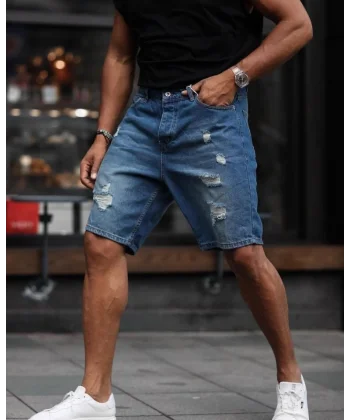 Erkek Mavi Yırtık Detaylı Şort