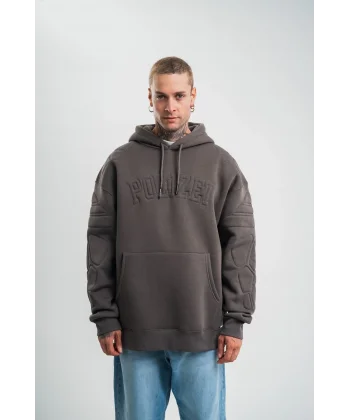 Erkek Nakış İşlemeli Kapşonlu Antrasit Sweatshirt Üç İplik Double Oversize- Füme
