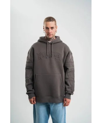 Erkek Nakış İşlemeli Kapşonlu Antrasit Sweatshirt Üç İplik Double Oversize- Füme