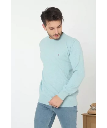 Erkek Nakış İşlemeli Peteli Triko Kazak - Mavi