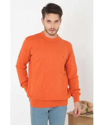 Erkek Nakış İşlemeli Peteli Triko Kazak - Turuncu