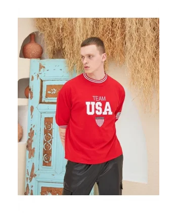 Erkek Nakış İşlemeli Ribanalı Oversize T-shirt - Kırmızı