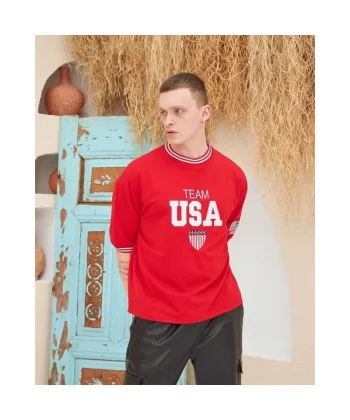 Erkek Nakış İşlemeli Ribanalı Oversize T-shirt - Kırmızı