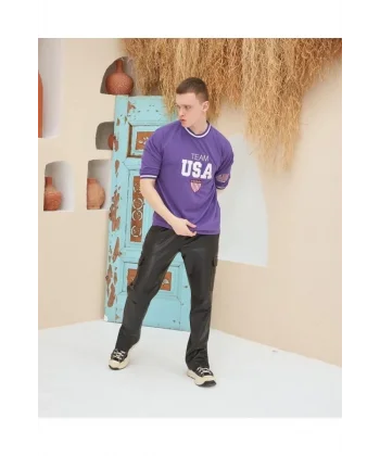 Erkek Nakış İşlemeli Ribanalı Oversize T-shirt - Mor