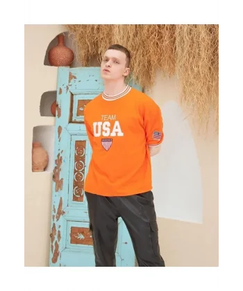 Erkek Nakış İşlemeli Ribanalı Oversize T-shirt - Turuncu