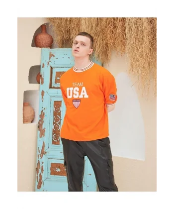 Erkek Nakış İşlemeli Ribanalı Oversize T-shirt - Turuncu