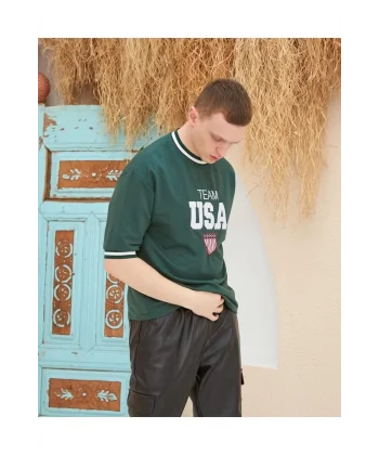 Erkek Nakış İşlemeli Ribanalı Oversize T-shirt - Yeşil