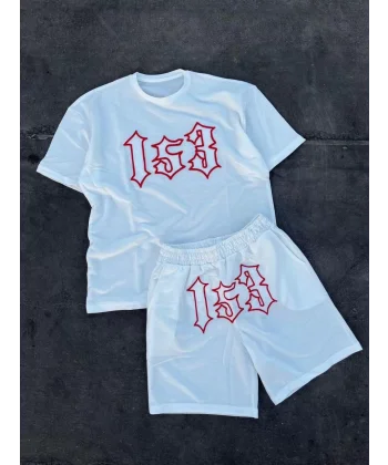Erkek Nakış İşlemeli Şortlu Takım - Beyaz