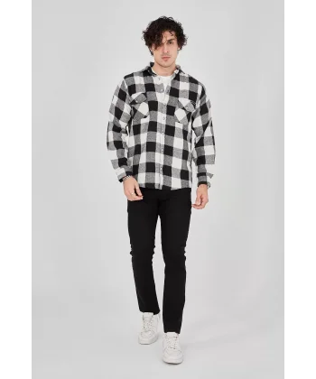 Erkek Oduncu Gömlek – Uzun Kollu, Şardonlu Kumaş, Kareli Desen, Regular Fit, Manşetli, Çift Cepli, Rahat Günlük Bahar & Kış Stil - Siyah