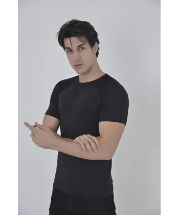 Erkek Omuz Fileli Slim Fit T-shirt - Siyah