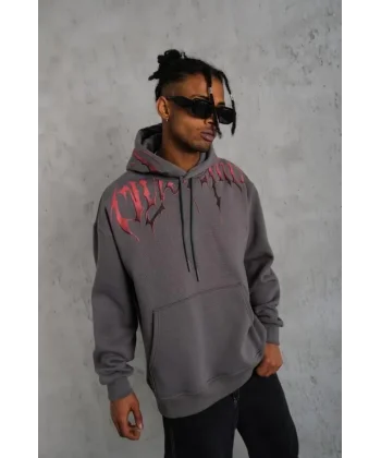 Erkek Ön Ve Arka Baskılı Kapüşonlu 3 İplik Sweatshirt - Füme