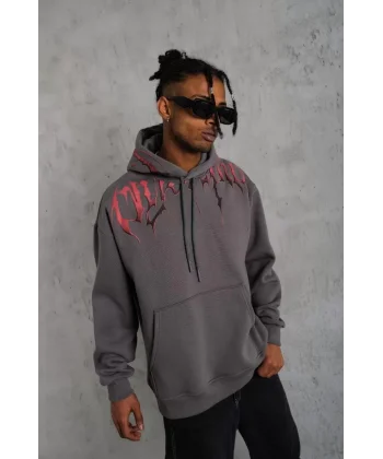 Erkek Ön ve Arka Baskılı Kapüşonlu 3 İplik Sweatshirt - Füme