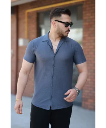 Erkek Ottoman Kumaş Apaj Yaka Kısa Kollu Gömlek