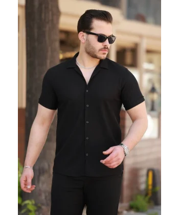 Erkek Ottoman Kumaş Apaj Yaka Kısa Kollu Gömlek