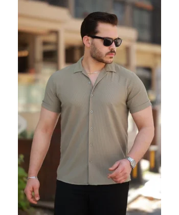 Erkek Ottoman Kumaş Apaj Yaka Kısa Kollu Gömlek
