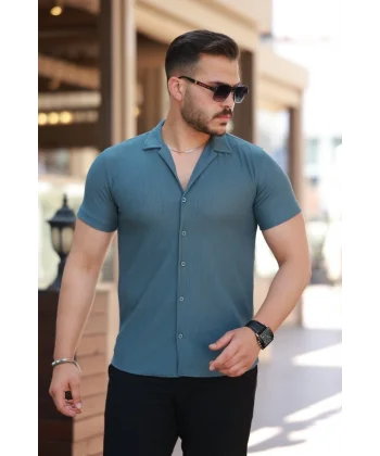 Erkek Ottoman Kumaş Apaj Yaka Kısa Kollu Gömlek