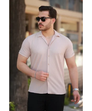 Erkek Ottoman Kumaş Apaj Yaka Kısa Kollu Gömlek