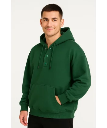 Erkek Ovarsize Kapüşonlu Swetshirt Kanguru Çepli Cıtcıtlı 3 iplik Şardonlu Hoodie - Haki