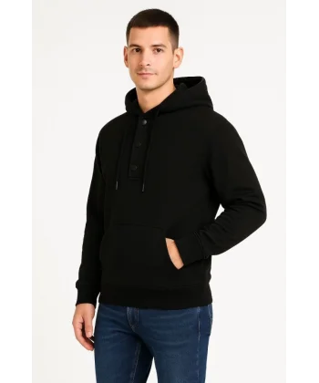 Erkek Ovarsize Kapüşonlu Swetshirt Kanguru Çepli Cıtcıtlı 3 Iplik Şardonlu Hoodie - Siyah