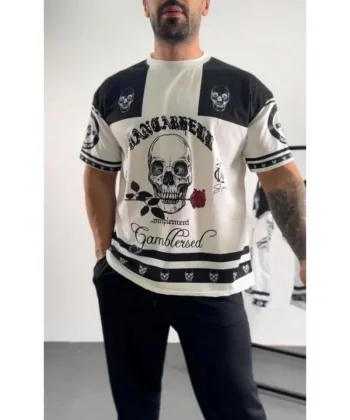 Erkek Oversize Dijital Baskılı Kuru Kafa T-shirt - Beyaz