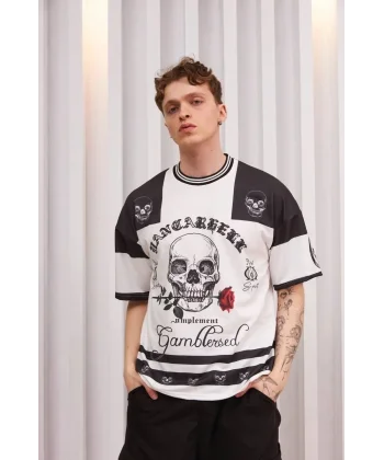 Erkek Oversize Dijital Baskılı Kuru Kafa T-shirt - Beyaz