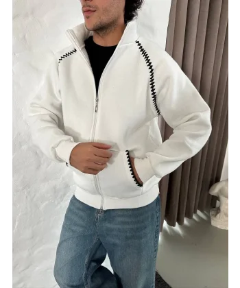 Erkek Oversize Dik Yaka Fermuarlı Sweatshirt - Zincir Nakışli Kanguru Cepli - Beyaz