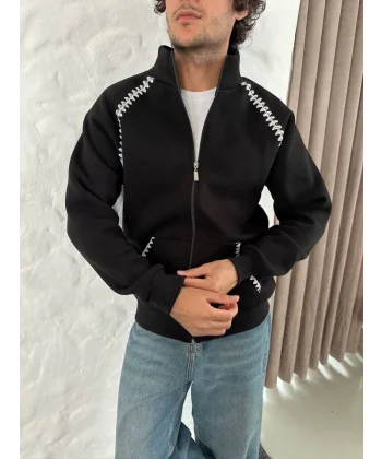 Erkek Oversize Dik Yaka Fermuarlı Sweatshirt - Zincir Nakışli Kanguru Cepli - Siyah